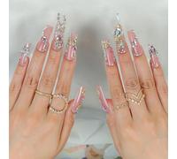 24PCS Sparkling Press On Nails Long Square False Nails With 3D Borknot Stick On Nails For Office Parties And Daily Use