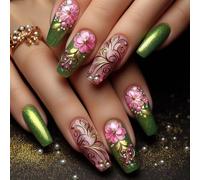 24pcs Spring Coffin False Set Green Flower Pattern Stick On For Women Seeking Unique Styles Everyday Wear Nail