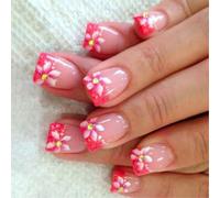 24Pcs Spring Flower Design Short Square Press On Nails Glitters French False Nails Acrylic Stick on Nails For Women