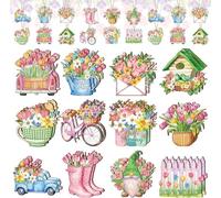 24Pcs Spring Hanging Ornaments Wooden Decorations Cute Sunflower Tulip Wood Cutouts Easter Decor for Small Tree Home Party (Green)