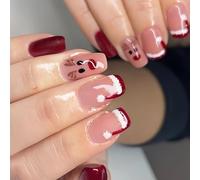 24Pcs Square Christmas Press On Nails Reindeer Santa's Hat French Tip False Stick On For Women False Nail