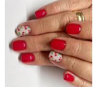 24Pcs Square Fake Nails Press on Artificial False Glues on Cherries Designs French Tips Stick on