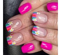 24Pcs Square Fake Nails Press On Artificial With Colorful Flower Glues French Tips False Acrylic Glues Nail For Women Clear