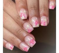 24Pcs Square Fake Nails Press on Artificial with Colorful Flower Glues on French Tips False Acrylic Glues on Nail for Women Clear