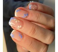 24Pcs Square Fake Nails Press On Nails Artificial With Colorful Flower Glues On French Tips False Press Nail Coffin Almond French Tip Nail