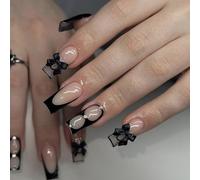 24pcs Square False Nails - French Press on Nails - Medium Black Stick on Nails with Glue - French Fake Nails with Elegant Black Bow - Full Cover Fake Nail Nail Art Accessories