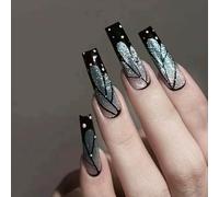 24Pcs Square False Nails, Glitter Black Butterfly Long Acrylic Full Cover Press on Detachable Art Manicure Stick for Women DIY