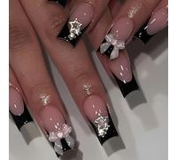 24Pcs Square False Nails Medium - Black Edge French Tip Nails with Three-dimensional Bow and Shining Star - Press on Nails with Glue - Full Cover Acrylic False Nails Art for Women