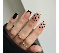 24Pcs Square False Nails Short, Black French Press on Nails with Heart Design, Cute Acrylic Fake Nails Kits Stick on Nail for Women and Girls Nail Art Manicure Decoration