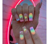 24PCS Square False Nails Short Press On with Rainbow Color and Hearts - Full Cover Artificial Nails for Women & Girls with Removable Accessory Tools, Glossy Manicure Set Salon Quality Easy