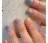 24Pcs Square False Nails Short,Purple French Press on Nails with Flower Designs, Acrylic Full Cover Pink Nails Tips with Jelly Glue for Women Nails Art (Pink,Blue,Yellow,Orange,Green, One Size)