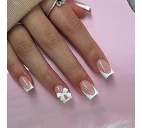 24pcs Square French Tip False Nails - Stick-on & Removable Adhesive - Full Cover Fake Nails with Nail Art Accessories for Women