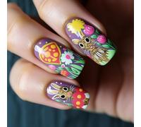 24Pcs Square Nails Tips Fake Nails Glues On Stick On Press Artificial False For Womens Girls Easter Design False Nail