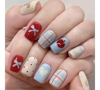 24Pcs Square Press on Nails Bear Bows Designs French Fake Nails Acrylic False Nails,Artificial Nails Glues on Nails