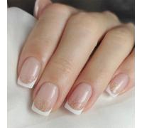 24Pcs Square Press On Nails Glossy Designs French Fake Nails Acrylic False Artificial Glues On Women Press Nail Coffin Almond French Tip Nail