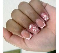24Pcs Square Press On Nails Glossy Designs French Fake Nails Acrylic False Artificial Glues On Women Design False Nail