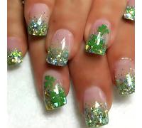 24Pcs Square Press on Nails Short,Green Shamrock Press On Nail,Sparkle French Tips False Nails,Glossy Four Leaf Clover Acrylic Full Cover Fake Nails Reusable for Women