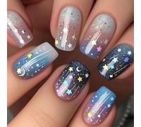 24Pcs Square Press On Nails Space Themed Designs Moon Star Pattern Acrylic Glossy Full Covers False Nails For Women Full Cover Stick On Nail