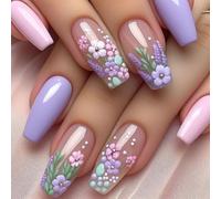 24PCS Square Press On Nails With Jelly Adhesive Tabs - Romantic Floral French Tip Fake Nails With Unique 3D Effect - Trendy Stick On False For Women Girls, Daily Wear Party