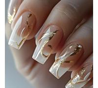 24pcs Square Press On Nails with Sequins Design - Acrylic Artificial Self-Adhesive Fake Nails for Women, Girls | Reusable Party Nails for Daily Wear, Bridal, Holiday
