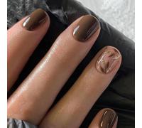 24Pcs Square Short French Tip Brown Press on Nails with Elegant Leaves Design - Removable Glue-on Acrylic Full Cover Artificial Tips for Women