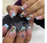 24Pcs Square Short French Tip Stick-on Nails - Pink Blue Press-on Set With Maple Leaf Designs, Removable Acrylic Full Cover Glue-on for Women Girls