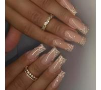 24pcs Square Stick On Nails French Acrylic Nails Long Full Covers Artificial Press On Fashion Art False Nail