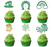 24pcs St Patricks Cupcake Toppers, Glitter St Patricks Cake Decorations Shamrock Rainbow Bridge Horseshoe Cake Topper for Baby Shower & Birthday Supplies