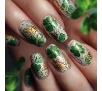 24pcs St. Patrick's Day Stick On Nails, Square Press On Nails With Glue, Golden Glitter Four-Leaf Clover Medium Length Green False Nails For Spring, St Patricks Day Accessories For Women
