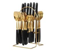 24Pcs Stainless Steel Cutlery Set with Holder Mirror Polishing Flatware Set Spoon Knife and Fork Sets Service for 6 People for Home Kitchen Restaurant (Gold+Black)