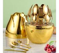 24pcs Stainless Steel Flatware Set, Rose Shape Cutlery Set, Mirror Polished Tableware Eating Utensils Set for 6, Tableware Cutlery Knife Fork Spoon Set, for Home Restaurant,Color-C