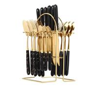24Pcs Stand Hanging Flatware Set, Mirror Polished Tableware Set, Flatware Set Stand with Metal Hanging Stand, Knife, Fork and Spoons, Setfor 6 Person (Black + Gold Border)