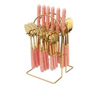 24Pcs Stand Hanging Flatware Set, Mirror Polished Tableware Set, Flatware Set Stand with Metal Hanging Stand, Knife, Fork and Spoons, Setfor 6 Person (Pink + Gold Border)