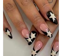 24PCS Star French Tip Press On Nails - Black Nude Almond Fake Nails with White Star Design - Glossy Acrylic Stick On for Women Daily Party Wear