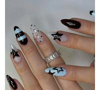 24Pcs Star Glossy Artificial Nails Almond Shape ABS Easy Application Manicure Light Blue Striped Star Polkas Dot