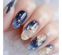 24PCS Star Sky False Nails, Short Square Dark Blue Glitter Press on Nails, Blue Color Glossy Full Stick On Cover Acrylic Nail, Removable Glue On Fake-Nail for Women & Girls (Nail Art Accessories)