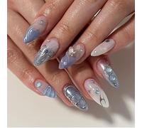24PCS Starry Frost Press On Nails with Jelly Adhesive Tabs and Nail File - 3D Gradient Water Ripple and Rhinestone Design - Full Cover Stick On Nails for Women Party Wedding Daily Wear