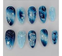 24PCS Starry Night Press On Nails Blue Almond Shape with 3D Crystal and Silver Star Designs - Medium Summer False Nails with Accessory Tools - Glossy Finish, Reusable and Salon Quality