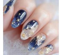 24PCS Starry Sky Blue Press On Nails - Short Almond Translucent Marble Flow Sand False Nails, ABS Material with Jelly Adhesive Tabs, Glossy Finish Collection for Daily & Party Looks