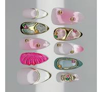 24PCS Stick on Nails Artistic French Styles Shimmering Gradient Color Artificial Nails Full Cover Easy Application Golden Crystal Press Nail