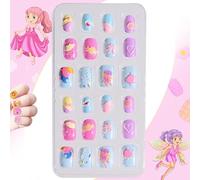 24PCS Stick on Nails for Kids - Colorful Cartoon Press on False Nails - Full Cover Square Fake with Rainbow, Cloud, Princess & Cute Designs Easy to Apply Art Set(05)