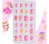 24PCS Stick on Nails for Kids - Cute Cartoon Press on Nail Set with Princess, Rainbow, Cloud, Unicorn, Wand, Ice Cream, Sun, Sparkles, Hearts & Balloon Designs - Full Cover Fake Nails for Girls(04)