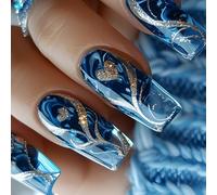 24pcs Stick on Nails Gold Glitters Heart Blue Square False Nails Full Covers Art Easy to Apply for Women and Girls Artificial