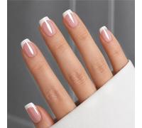 24Pcs Stick on Nails Short - Nude Chrome Glazed Press on Nails - French Tip False nails with Glue - 12 Sizes Square Fake Nails - French Manicure Soft Gel Nail Tips for Women Party Holiday Daily Wear