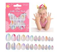 24PCS Stick on Nails, Trendy Glitter False Nails for Ages 5-12, Pre-glue Full Cover Short Nails for Girl Birthday Parties, Makeovers & Dress Up