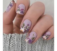 24Pcs Stick-on Press on Nails with Purple Floral Design for Elegant Look - Reusable Almond Shaped False Nails with Jelly Adhesive Tabs for Women and Girls All Occasions, Soft Lavender Base, Intricate