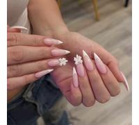 24pcs Stiletto Press On Nails in Pink and White Gradient with Snowflake Accents, jelly Adhesive Tabs Design for a Delicate Yet Striking Nail Art Finish in Minutes