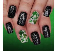 24Pcs StPatricks ABS Artificial Nails Easy to Apply Not Tools Needed Quick Nails Art Solution for Daily Wear Black Glitters