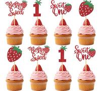24PCS Strawberry Cupcake Toppers Glitter Sweet One 1st Berry First Strawberry Shortcake Cake Topper Birthday Decor for Baby Shower Kids Party Cake Decorations