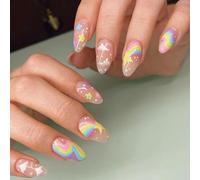 24PCS Stunning Glitter Pink Press on Nails, Rainbow Almond & Short Oval French Tip Fake Nails, Full Cover Stick-on, Includes Accessory Tools, Easy DIY Manicure for Women & Girls